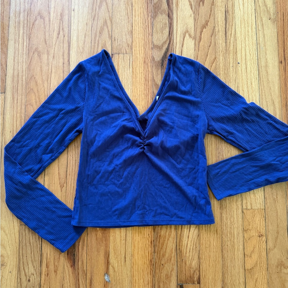 Pacsun Deep Blue Ribbed Long Sleeve V-Neck crop Top
